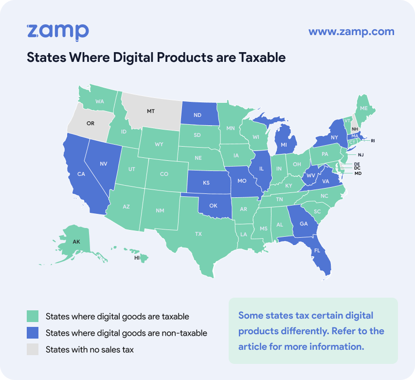 Map of US states where digital goods are subject to sales tax