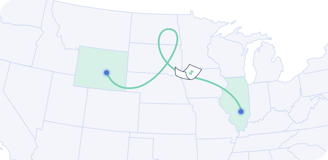 A US map illustrating charging sales tax between Wyoming and Illinois