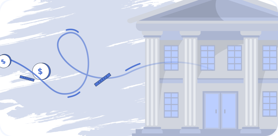 A blue and gray illustration of money (yes, it's sales tax) flying into a government building