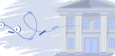 A blue and gray illustration of money (yes, it's sales tax) flying into a government building