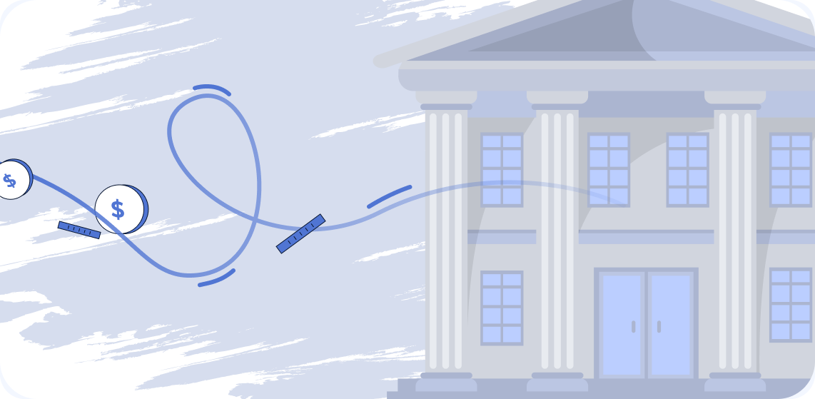 A blue and gray illustration of money (yes, it's sales tax) flying into a government building