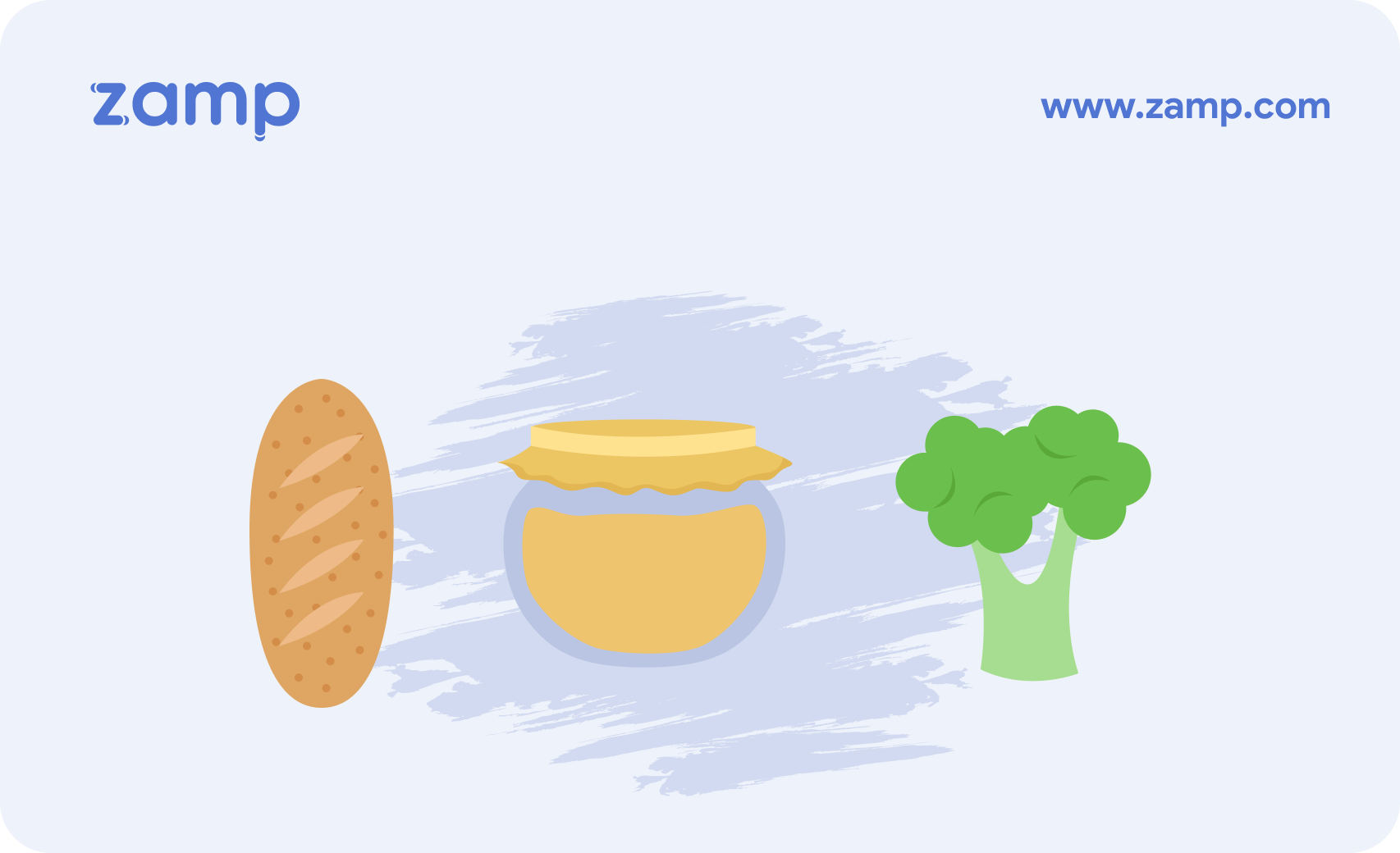 Article header images of stylized bread, honey and broccoli