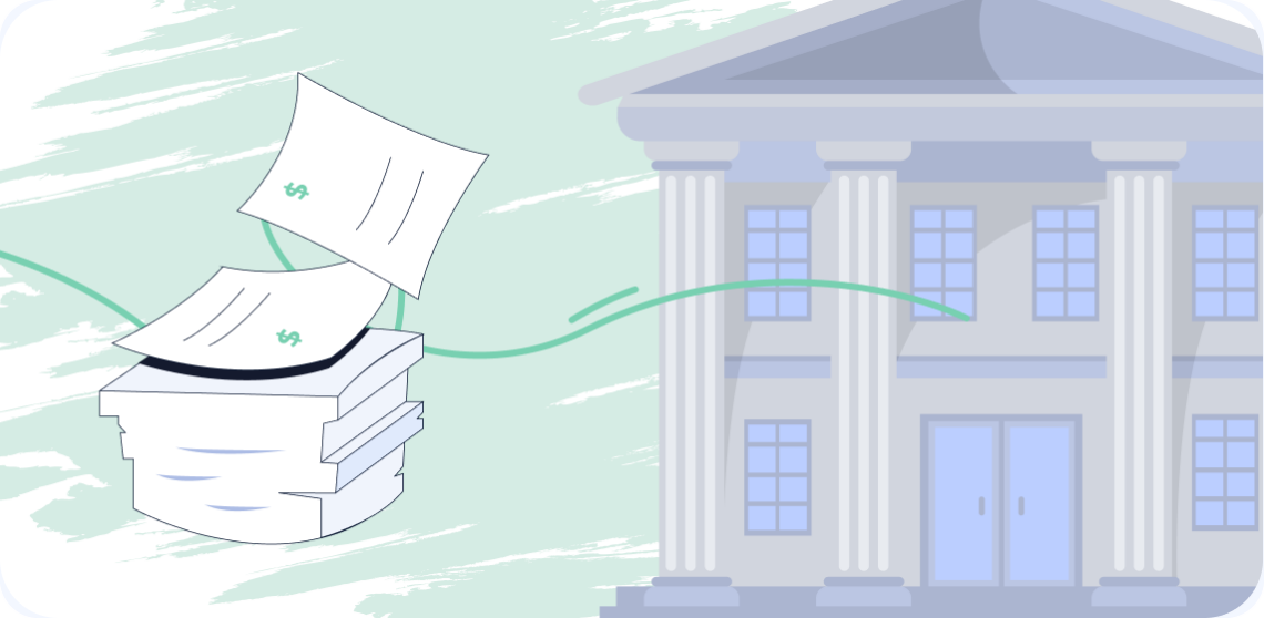 Illustrated pages flying into a government building. These represent all the information a state will require from you in order to register for a sales tax permit