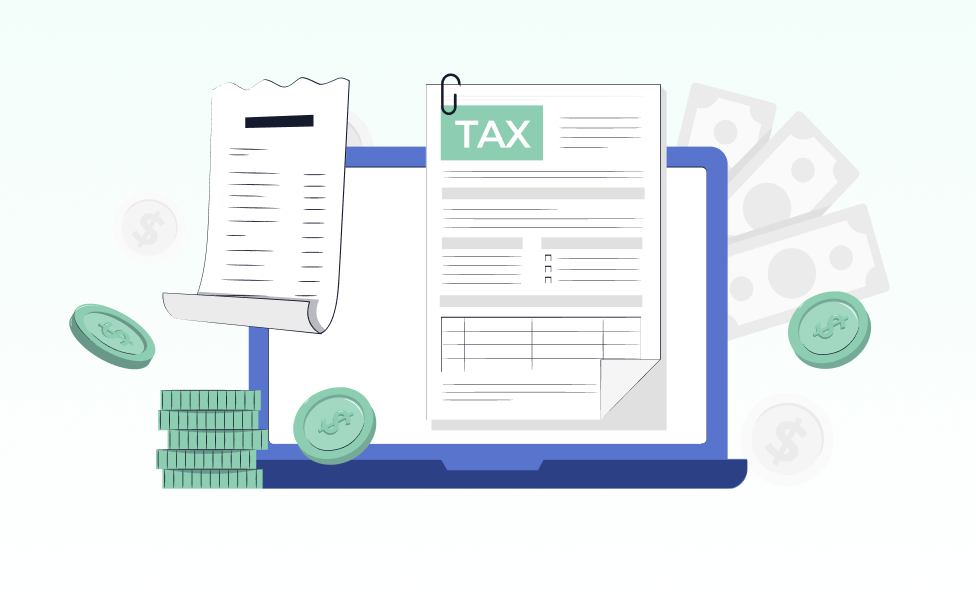 Image showing a laptop, a tax form, and money.