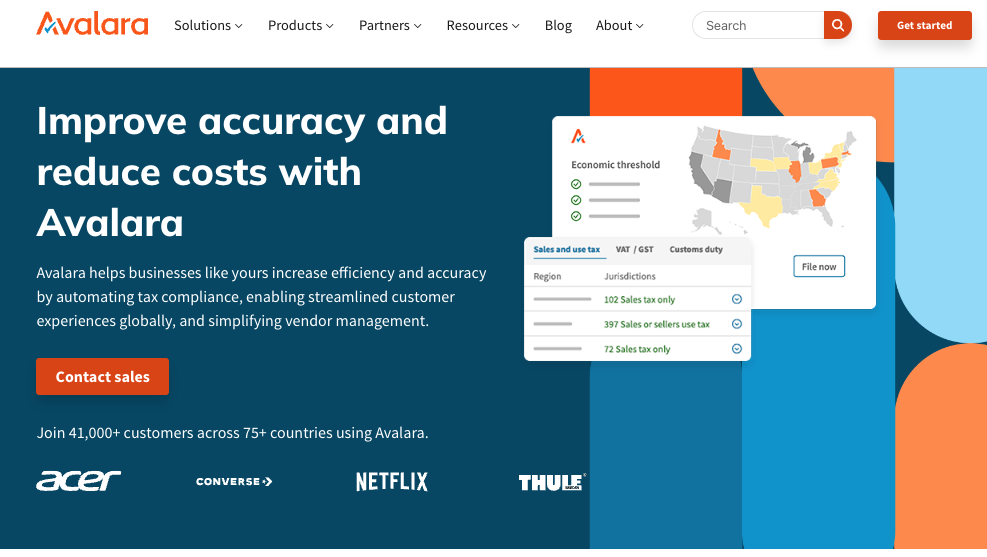 Image showing the main home page of Avalara, a sales tax automation solution.