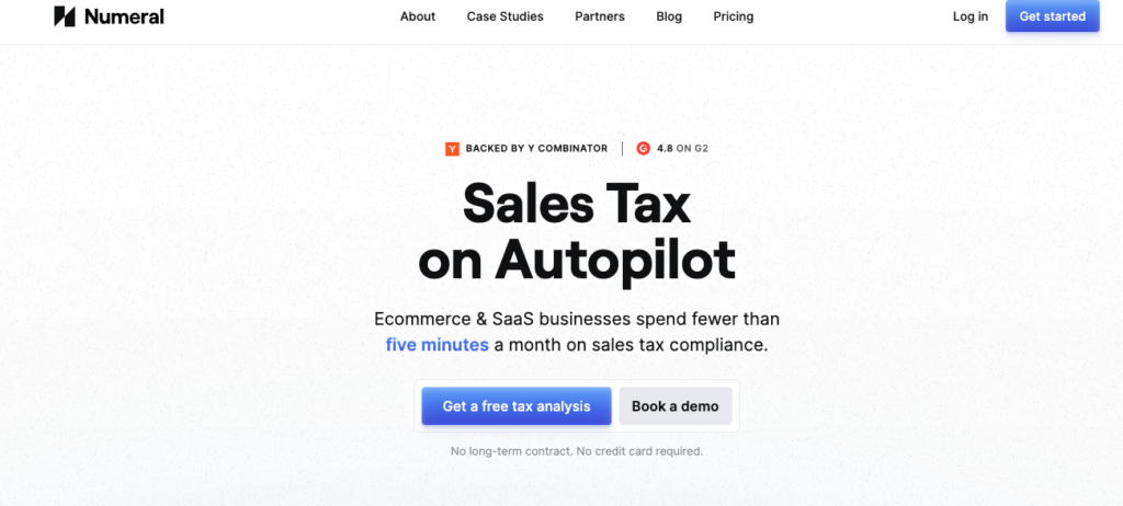 Image showing the home page screen of Numeral, a sales tax software company