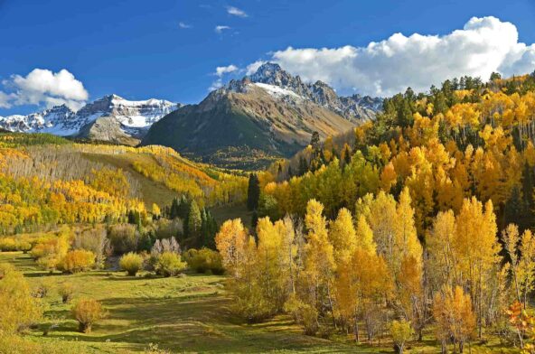 Image showing the Rocky Mountains in Colorado covered in snow with yellow, orange, and green trees.