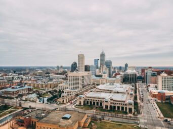 Drone image showing downtown Indianapolis with skyscrapers