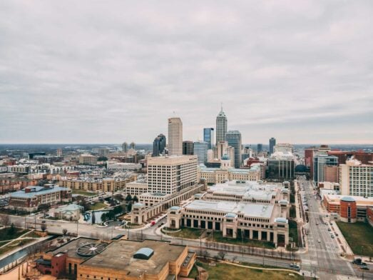 Drone image showing downtown Indianapolis with skyscrapers